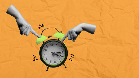 A cartoonish drawing of a clock with two hands pointing at it, one of which is on the number 3. The...