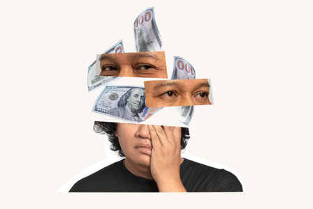 A man's face is covered in dollar bills. The image is meant to convey the idea of wealth and the importance of money in our lives. The man's expression is one of frustration or confusionの写真素材