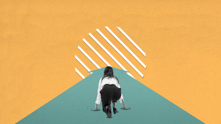 A woman is crouching down and looking up at a wall. The wall has a white stripe and a black stripe....