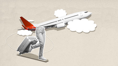 A woman is running with a suitcase and an airplane is in the background. Concept of travel and the excitement of embarking on a journeyの写真素材