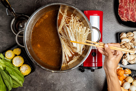 A person is cooking a dish with two bowls of soup and a red pot. The person is using chopsticks to...
