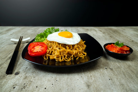 A plate of instant noodles with an egg on top and a tomato slice. The plate is on a table with chopsticks and a bowl of sauceの写真素材