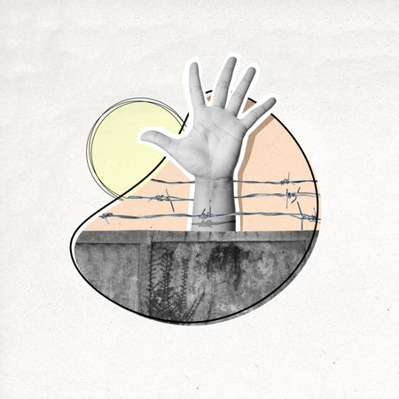 A hand is reaching up over a barbed wire fence. The image is a collage of different elements, including a hand, a fence, and a sun. Scene is one of struggle and desperationの写真素材