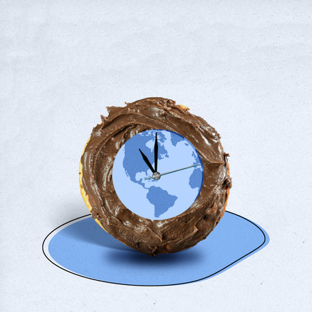 A chocolate mini donut with a clock on it. The clock shows the timeの写真素材