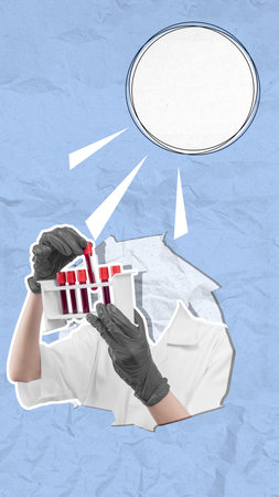 A person is holding a sample in a test tube on a colored background. Science concept