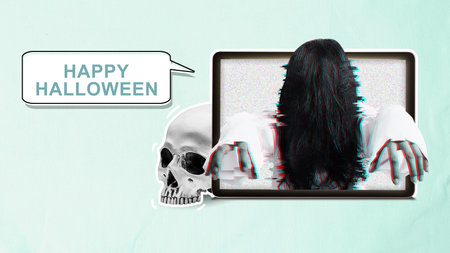 A skull and a woman's head are on a screen with the words Happy Halloween written below them....