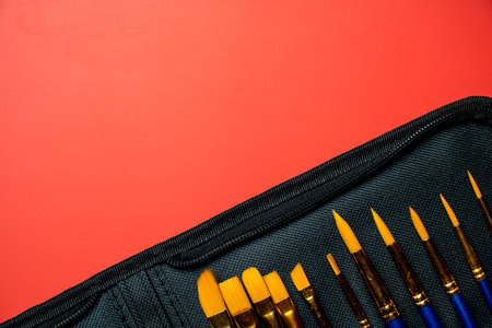 A black case with a red background and a set of paintbrushes insideの写真素材