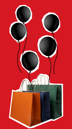 A red background with black balloons and bags. Collage artの写真素材
