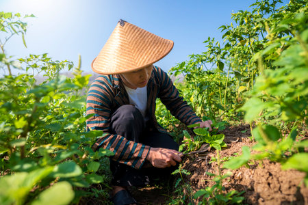 An Indonesian farmer man in a straw hat is tending to a chili farm. The man is kneeling and cutting weeds. The garden is full of green plants and the sky is blueの写真素材