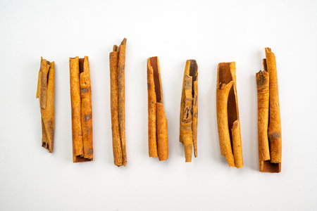 A close up of cinnamon sticks. The sticks are cut in half and arranged in a row. Concept of warmth...