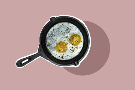 Pan with sunny side eggs in it. World Food Day. Collage artの写真素材