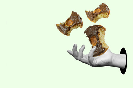 A hand holding three bitten donuts with chocolate frosting. World Food Day. Collage art