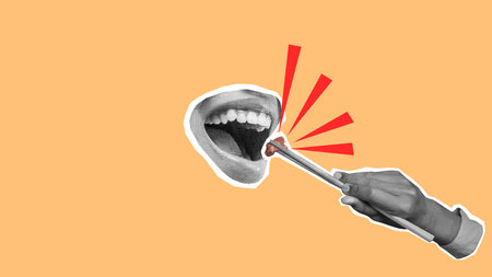 A person is holding a meat with a chopstick and pointing it at a mouth. The image has a playful and...