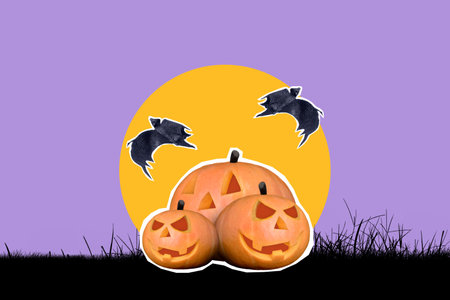 Three pumpkins with scary faces are sitting on a grassy field. The there are bats flying in the background. Scene is spooky and eerie, perfect for Halloween. Collage artの写真素材