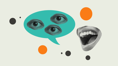 Three eyes on a speech bubble with a human mouth on a colored background. Collage art