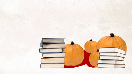 A stack of magic books with four pumpkins on a table. Halloween concept. Collage artの写真素材