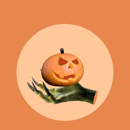 Witch hand holding a Halloween Jack o Lantern pumpkin with a scary face. The pumpkin is orange and has a menacing look. Halloween concept. Collage artの写真素材