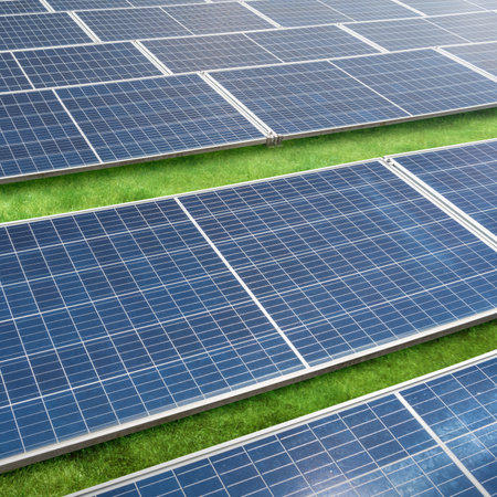 A row of solar panels with a green grassy area in between. The panels are blue and are arranged in a...