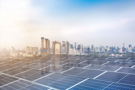 A city skyline with a large solar panel on topの写真素材