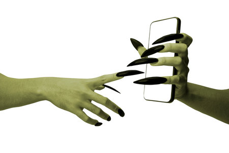 Witches hand holding mobile phone or cellphone. The hand color is green. Evil, zombie, or monster...