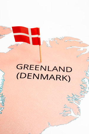 A map of Denmark with the national flag of Denmark on it. The flag is red with a white Nordic cross....