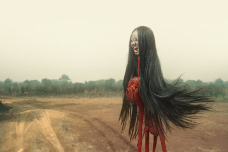 Kuyang, Kunyang, or Krasue ghost in a creepy and scary mood. Evil, demon, satan, monster figure from Kalimantan, Indonesia, Southeast Asia and is known as a witch or shaman who has the ability to separate the head from the body. Halloween conceptの写真素材