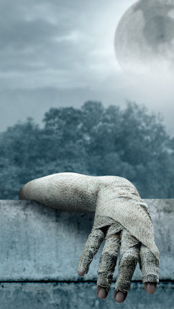 Mummy hands have dirty bandages on them sticking out of wall. Mummy, devil, evil, satan or zombie hands are trying to grab something or someone. The scene has dark and creepy. Spooky HalloweenÂ conceptの写真素材