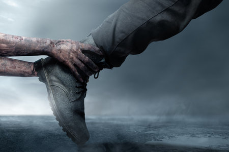 A zombie hand with a bloody wound grabs a human shoe in the foggy fields. Scene has dark and scary....