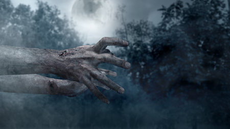Zombie hands with bloody wound shown in a dark forest with a moon in the background. The hand appearing to be devil, evil, satan, or monster hands. Spooky Halloween conceptの写真素材