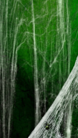 Spooky creepy cobweb spider web in the green dark room. The scene is somewhat scary and mysterious. Mockup. Copy Space. Wallpaper or abstract green halloween or zombie backgroundの写真素材