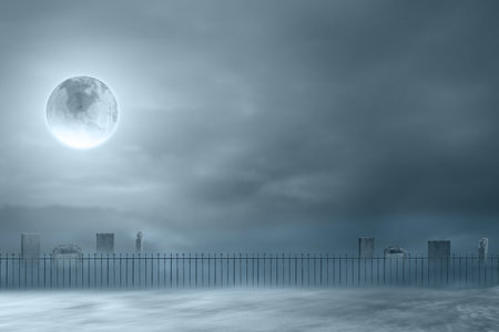 A gate with a large moon in the sky. The gate is closed and the moon is shining brightly. The sky is dark and the atmosphere is mysterious. Mockup. Copy Space. Wallpaper or Halloween backgroundの写真素材