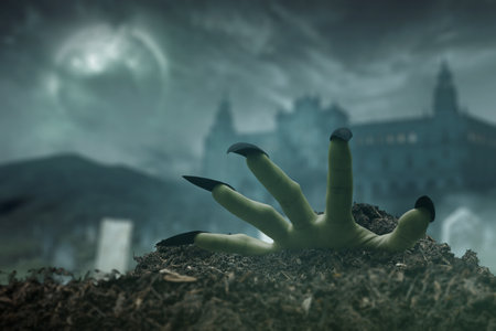 Witch hand with long black nail coming out from grave ground with a full moon in the background. The hand appearing to be a evil, satan, zombie or a monster hand. Spooky Halloween conceptの写真素材