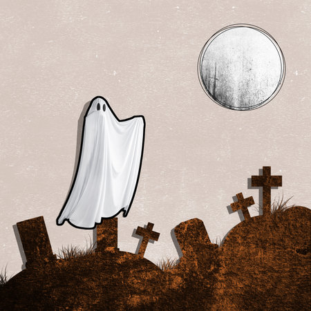White ghost haunt the graveyard. The ghost is transparent. Full moon in the background. Scene is scary and creepy. Collage art of halloweenの写真素材
