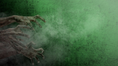 Group of zombie hands with bloody wound shown with green wall background. Hand appearing to be devil, evil, satan, or monster hands. Scary and spooky Halloween conceptの写真素材
