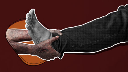 A zombie hand with a bloody wound grabs a human leg. Scene has dark and scary. Zombie, devil, evil, satan, or monster hands. Collage art of halloweenの写真素材