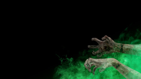 Two zombie hands with bloody wound shown with green smokes on dark background. Hand appearing to be devil, evil, satan, or monster hands. Scary and spooky Halloween conceptの写真素材