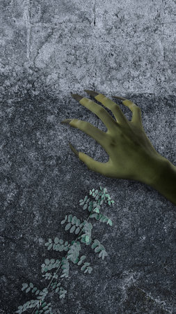 Witch hand with long nail claw is on the grungy wall. The color hand is green. Evil, zombie, or monster hand. The scene is scary and creepy. Spooky Halloween conceptの写真素材