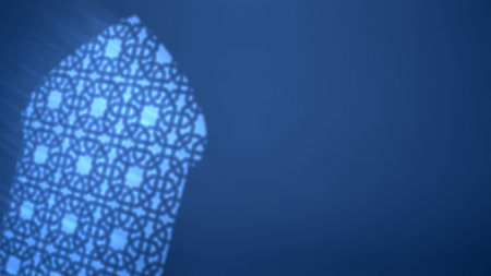 White shadow of arched mosque windows on the blue wall. Islamic religion, Ramadan kareem, or Eid Al...
