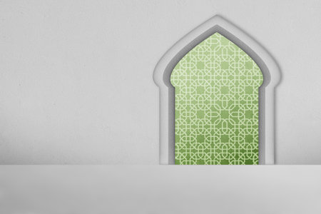 Abstract pattern of green mosque windows with white wall background. Islamic religion, Ramadan kareem, or Eid Al Fitr backgroundの写真素材