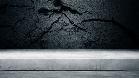 Empty table top with black concrete wall with cracks and holes. Abstract pattern of concrete wall. Mock up product presentation. Copy space. Wall textured backgroundの写真素材