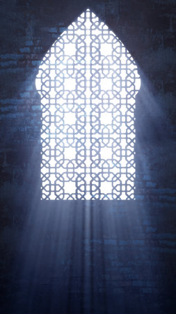 White shadow on arched abstract pattern mosque windows on the wall. Islamic religion, Ramadan...