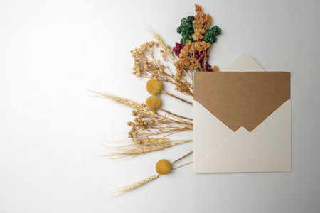 Top view of white envelope and postcard with empty blank brown card and flowers on white background. Mockup, copy space. Greeting or invitation card with flat lay styleの写真素材