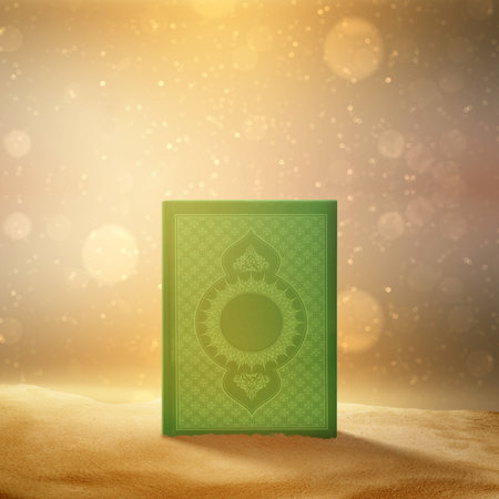The holy book of Al Quran sitting on desert with abstract bokeh lights background. Muslim holy book. Concept of Islamic religion, Ramadan kareem, or Eid Al Fitrの写真素材