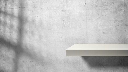 Empty wall shelf with white concrete wall. Abstract pattern of concrete wall. Mock up product...