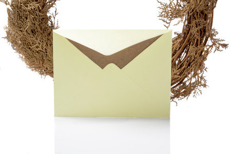 Envelope and postcard with brown twigs on white background. Mockup, blank template, copy space. Greeting or invitation card with flat lay styleの写真素材