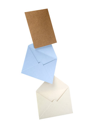 Set of envelope and postcard on white background. The envelopes are of different variation size and colors. Mockup, blank template, copy space. Greeting or invitation cardの写真素材