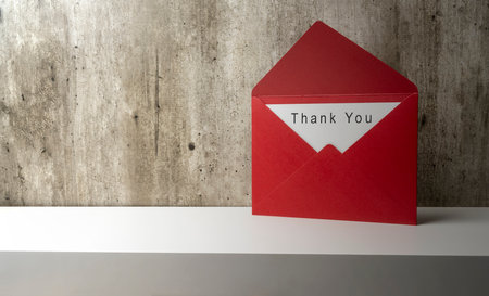 Red envelope and postcard with white card with words Thank You written on it on the shelf wall. Thank you message for presentation or businessの写真素材