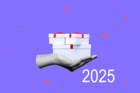 Human hand holding gift boxes with number of 2025 on colored background. Happy New Year concept or New Year Celebration. Collage artの写真素材