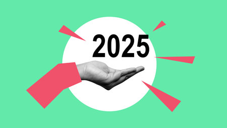 Human hand showing number of 2025 on his palm with colored background. Happy New Year concept or New...
