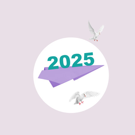 Number of 2025 on paper airplane with colored background. Happy New Year concept or New Year Celebration. Collage artの写真素材